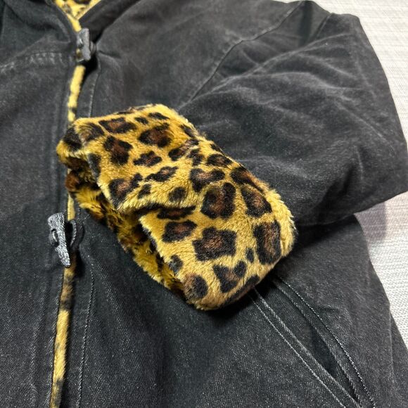 Mob Wife Faux Fur Cheetah Jacket Large Hooded Reversible to Denim Maximalist - Picture 4 of 12